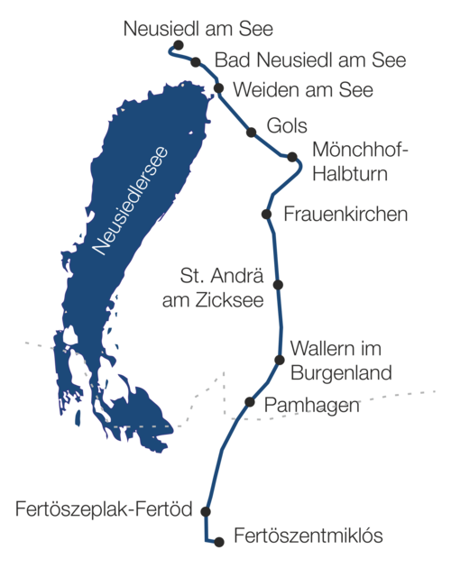 Streckenkarte der Neusiedler Seebahn – Details und Haltestellen im Absatz zuvor